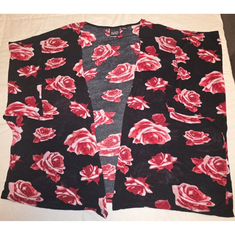 Eye Candy Size L Junior Cardigan Black W/Red Rose V-Neck Short Length like Wrap